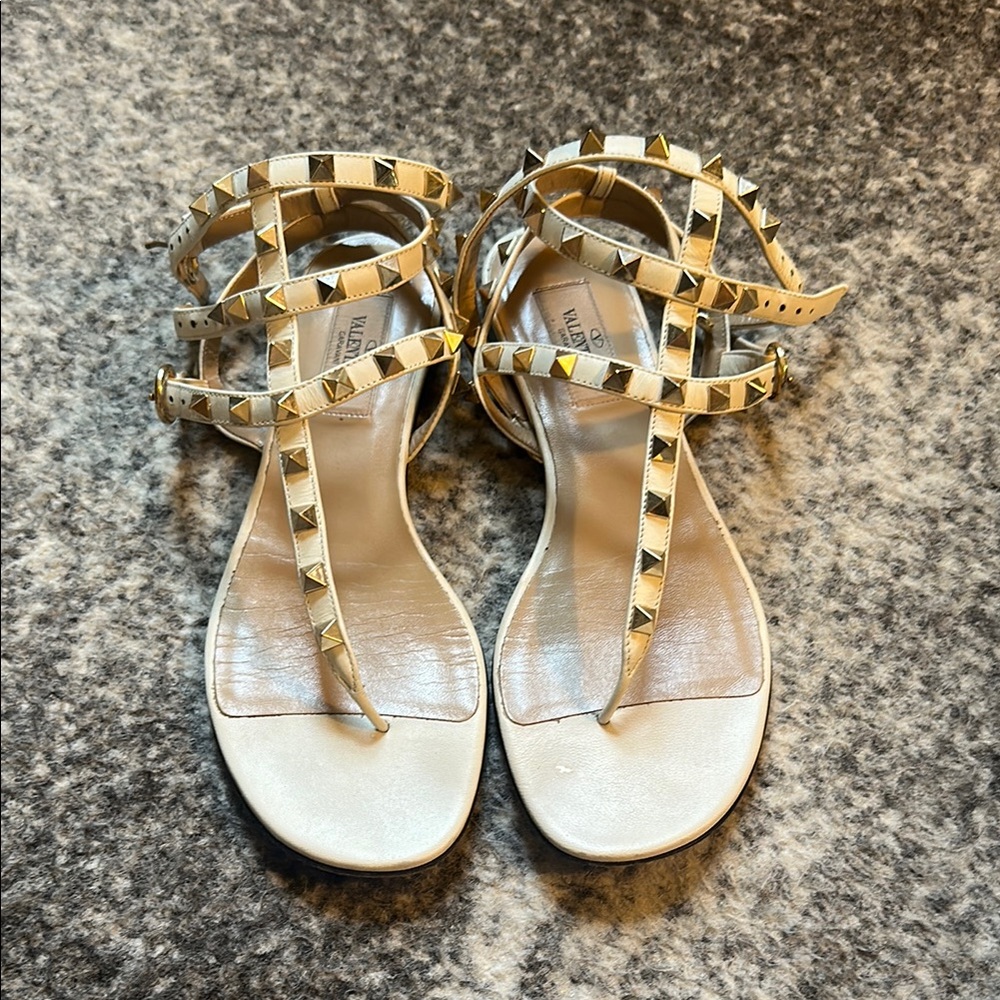 Valentino Cream Studded Sandals with T-Strap Design